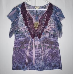 Y2K Vtg One World Top 1X Purple Lace Flutter Short Sleeve Sequin Boho Butterfly